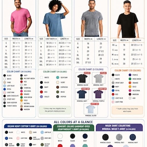 以下が含まれることがあります： Gildan Heavy Cotton、Comfort Colors、Wash Shirt Colortone、Youth Gildanの4つのスタイルを網羅した、Tシャツのサイズとカラーの総合ガイド。インチ単位の詳細な測定表、カラーチャート、視覚的な例が含まれています。