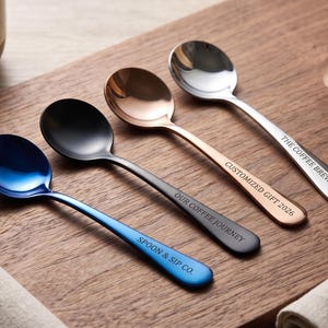 Custom Coffee Cupping Spoon, Personalized Engraved Stainless Steel Tasting Spoon, 4 Colors Black Blue Rose Gold, Gift for Barista Her Him