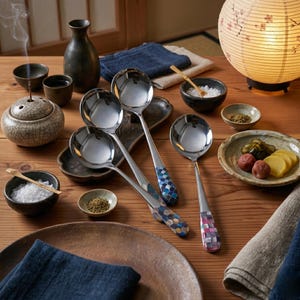 Könnte beinhalten: Ein Holztisch zeigt eine Sammlung von Servierartikeln im japanischen Stil. Glänzende silberne Servierlöffel mit Mosaikgriffen sind neben kleinen Schalen mit Salz und Gewürzen angeordnet. Ein Keramik-Räuchergefäß und eine Papierlaterne sind ebenfalls zu sehen.