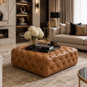 Puede incluir: Un otomán cuadrado de cuero color canela con una superficie capitoné. Sobre él hay una bandeja rectangular negra que contiene un jarrón de cristal con hortensias blancas, un objeto decorativo dorado y dos libros titulados Tom Ford y Chanel.