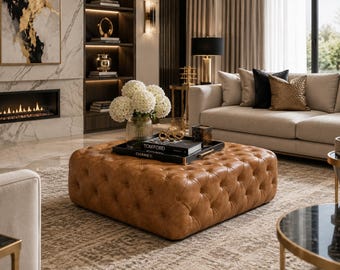 Mesa de centro otomana tapizada en cuero genuino color beige, color marrón crujiente, hecha a mano, estilo Chesterfield.