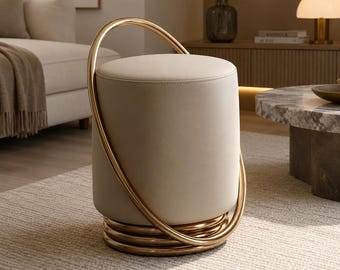 Crème fluwelen ronde poef poef | Moderne make-upstoel met goudkleurig metalen frame