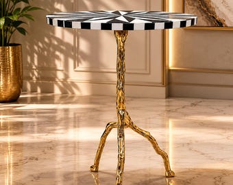 Black White Epoxy Inlay Side Table | Gold Sculptural Base Accent Table