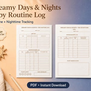 Può includere: Un registro stampabile di due pagine per la routine del bambino, che include un registro diurno e uno notturno. I moduli contengono sezioni per il monitoraggio di sonnellini, poppate e cambi, con le intestazioni Dreamy Days & Nights Baby Routine Log.
