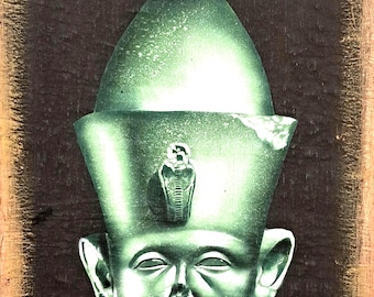 Egyptische hoofdkoning Amenhotep III groen graniet sculptuur handgemaakt papyrus schilderij 40 x 60 cm.