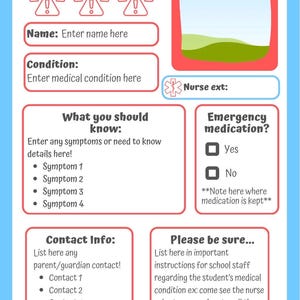 Puede incluir: Una tarjeta de información de alerta médica blanca con borde azul claro, con texto rojo y casillas para nombre, condición, extensión de enfermería, síntomas, medicación de emergencia, contacto e instrucciones para el personal.