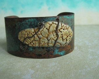 Rustic Copper Cuff with Seashell, Rustic Copper Cuff with Patina, Adjustable Copper Cuff