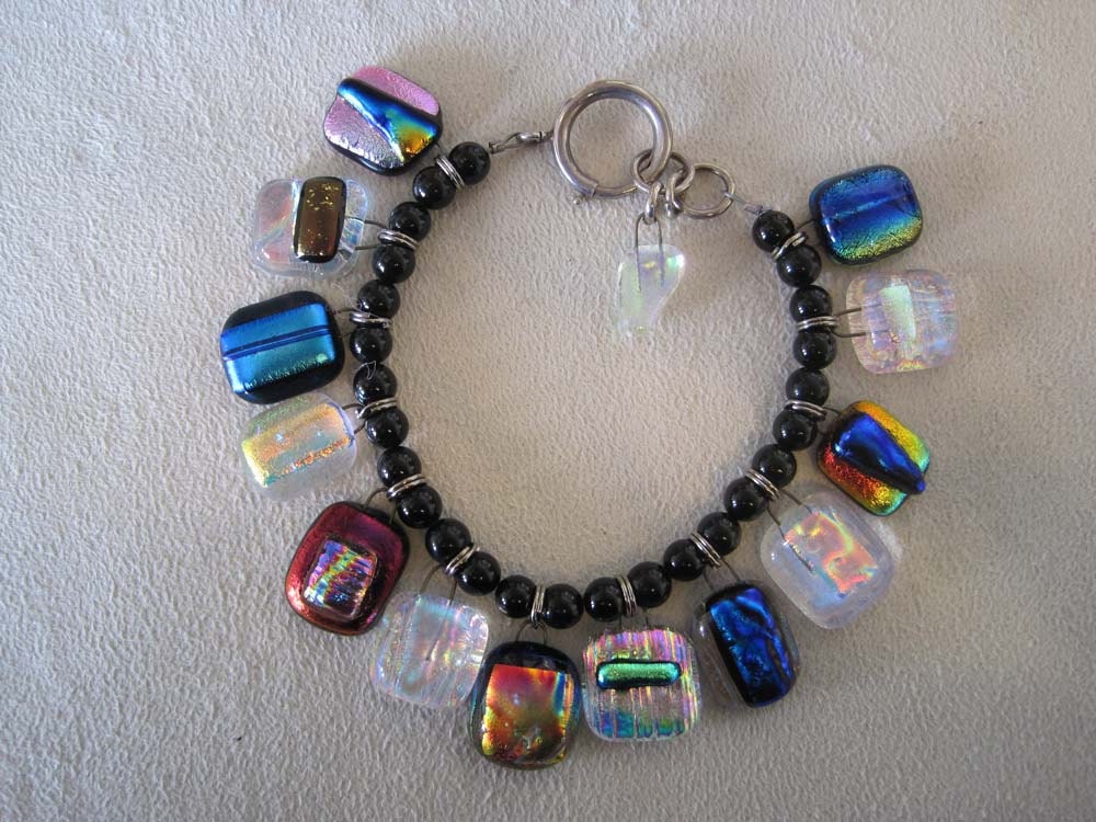 Fused Dichroic Colorful Charm Bracelet With Black Onyx Beads Etsy