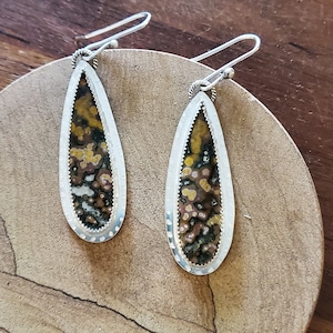 Artisan Ocean Jasper Earrings, Ocean Jasper Teardrop Shape Sterling Silver Dangles, Unique Artisan Handmade Jewelry, Earthy, Rustic Earrings