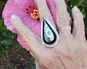 Abalone Statement Ring, Abalone Ring on Sterling Silver, Artisan Made Ring, Teardrop Abalone Ring, Repurposed, Found Object Ring, Size 9