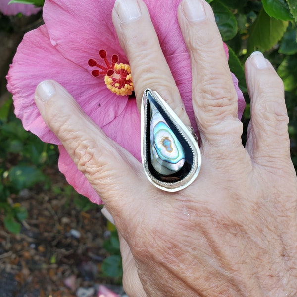 Abalone Statement Ring, Abalone Ring on Sterling Silver, Artisan Made Ring, Teardrop Abalone Ring, Repurposed, Found Object Ring, Size 9