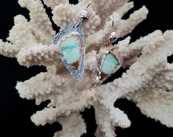 Blue Opal Petrified Wood Earrings, Opalized Wood Earrings, Unique Artisan Handmade Jewelry, Beach Dune Scenic Earrings, Sterling Silver