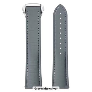 May include: Gray watch strap with white stitching and a silver clasp. The strap has a textured surface and a series of holes for adjustment. The text "Gray white+silver" is at the bottom of the image.