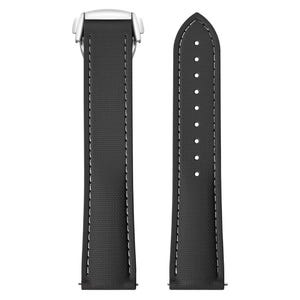 May include: A black watch strap with white stitching. The strap has a textured surface and a silver metal clasp. The strap is shown in two pieces, one with holes for the buckle and the other with the clasp.