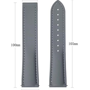 May include: Two gray watch straps with white stitching. One strap is 100mm long and 18mm wide, the other is 105mm long. The straps are designed to fit watches with 20mm, 21mm, or 22mm lug widths.