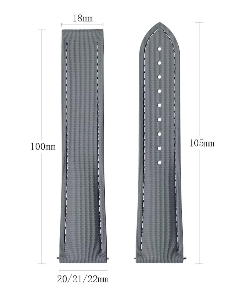 May include: Two gray watch straps with white stitching. One strap is 100mm long and 18mm wide, the other is 105mm long. The straps are designed to fit watches with 20mm, 21mm, or 22mm lug widths.