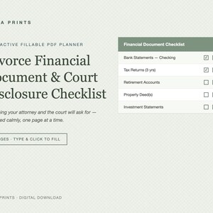 Può includere: Un planner PDF interattivo compilabile intitolato Divorce Financial Document & Court Disclosure Checklist di Vecta Prints. Include una lista di controllo dei documenti finanziari con caselle di spunta per estratti conto e dichiarazioni.