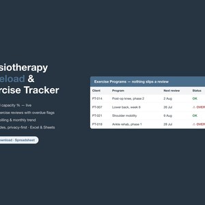 Può includere: Un modello di foglio di calcolo digitale per il monitoraggio dei casi e degli esercizi di fisioterapia. L'interfaccia mostra una tabella intitolata Exercise Programs con colonne per client, program, next review e status, includendo testo come PT-014 e OVERDUE.