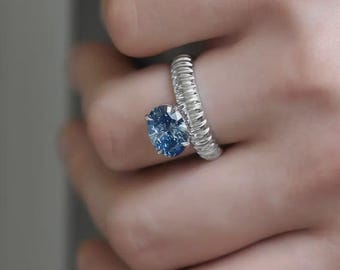 2Ct Oval Cut Blue Moissanite Engagement Ring, Sculpted Gold Band Ring, Minimalist Solitaire Ring, Unique Bridal Ring, Anniversary Gift