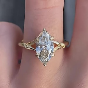 Unique Marquise Cut Moissanite Engagement Ring, 14k Solid Yellow Gold Marquise Diamond Leaf on Band Wedding Ring Solitaire Split Shank Ring