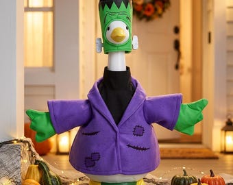 Frankenstein Goose Outfit for 23 Inch Porch Goose, Halloween Monster Costume with Headpiece and Jacket, Spooky Fall Yard Decor
