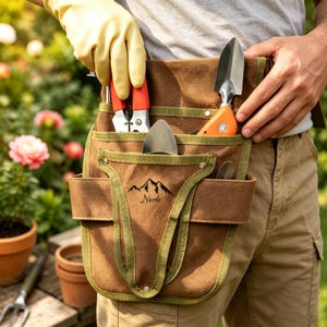 May include: A brown canvas garden tool belt with olive green trim and multiple pockets. The belt features a black mountain graphic and the name Nicole printed on the front. It holds metal gardening tools with orange and silver handles.