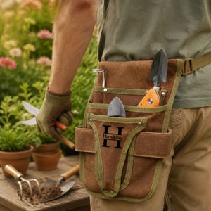 May include: A brown canvas gardening tool belt with olive green trim and multiple pockets. The belt features the black text "Hawkins" with a large letter H. It holds a metal trowel with an orange handle and other gardening tools in its slots.