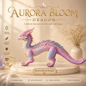 May include: A figurine of a dragon with pink, blue, and cream scales standing on a circular base. The text reads Aurora Bloom Dragon. It features a long body, crest, and tail. Icons indicate fantasy creature, exquisite details, and 3D print ready.
