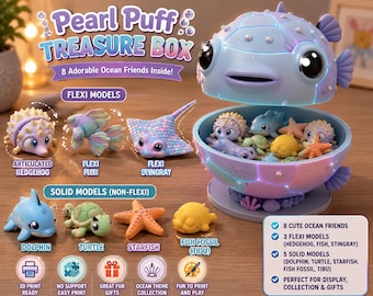 Pearl Puff Treasure Box STL Bundle | Ocean Animals | Flexi Fish | Sea Creatures Pack | Dolphin | Turtle | Starfish | 3D Printed Files