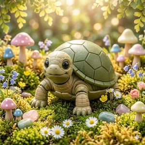 Peut inclure: Une petite figurine de tortue articulée avec une carapace vert olive texturée et un corps beige clair. La tortue a de grands yeux sombres et brillants, entourée de champignons miniatures, de petites marguerites blanches et de pierres lisses.