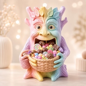 May include: A pastel-colored tree spirit figurine with a wide, open mouth holding a woven basket filled with various candies, including chocolates, lollipops, and colorful round sweets. The figure features textured bark details and leaves on its head.