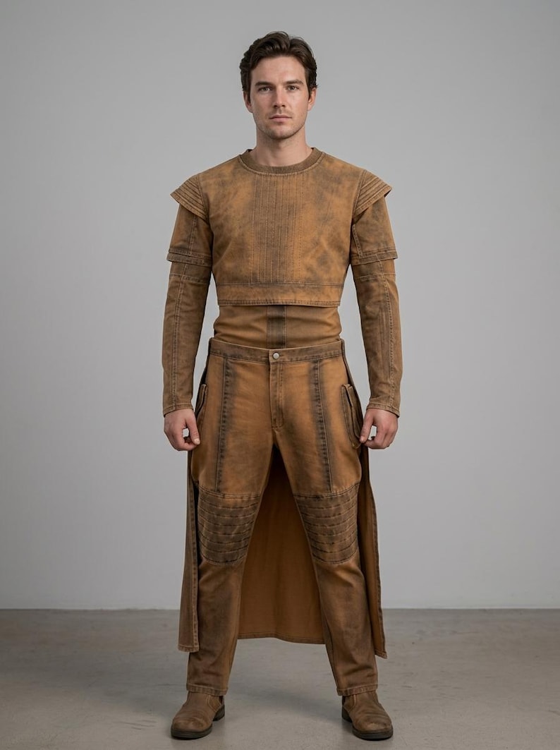 Op de afbeelding: Een persoon draagt een tweedelige outfit in een verweerde bruine kleur. De top is een shirt met lange mouwen en schouderaccenten. De broek is bijpassend bruin met kniebeschermers en zijzakken. De outfit wordt gecompleteerd met bruine laarzen.