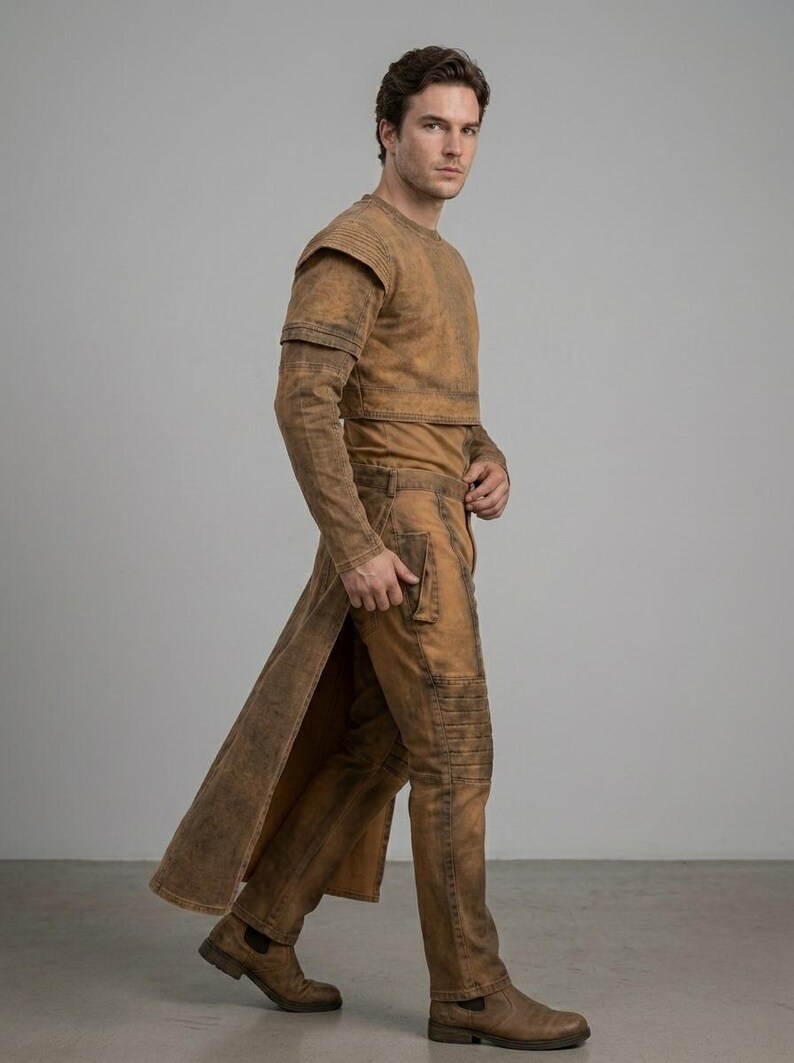 Op de afbeelding: Een bruine outfit bestaande uit een top met lange mouwen, een korte jas, een lange broek en een lange jas. De outfit heeft een distressed, getextureerde uitstraling. De broek heeft kniebescherming. De persoon draagt bruine laarzen.