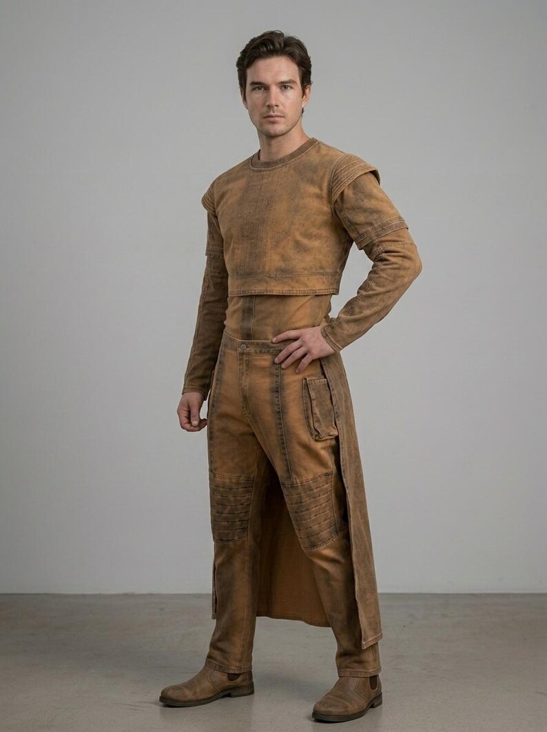 Op de afbeelding: Een tweedelige outfit in een verbleekte bruine kleur. De top is een cropped shirt met lange mouwen en schouderaccenten. De broek heeft een hoge taille met een lange, split rok overlay en kniebeschermers. Het model draagt bruine laarzen.