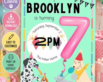 Let’s Pawty Birthday Invitation Template, Editable Canva Puppy Party Invite, Retro Girl Dog Birthday Invitation, Instant Download