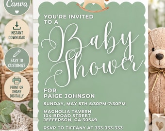 Sjabloon uitnodiging babyshower | Bewerkbare canvasuitnodiging | Neutraal groen hobbelpaard babyshower | Afdrukbare babyshoweruitnodiging