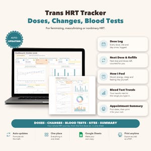 Trans HRT Tracker Google Sheets | Gender Affirming HRT Log, Transfem and Transmasc Hormone Therapy Tracker, Injection Site Log, Blood Tests