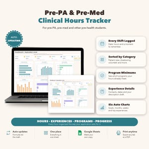 Puede incluir: Un rastreador digital de horas clínicas Pre-PA y Pre-Med en una pantalla de portátil. La interfaz incluye gráficos de actualización automática, clasificación por categorías y seguimiento de programas.