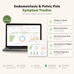 Op de afbeelding: Een digitale Endometriose & Bekkenpijn Symptoom Tracker weergegeven op een laptopscherm en een apart document. De interface bevat grafieken, diagrammen en datapunten voor het bijhouden van pijn, symptomen en cycli met een dashboard.