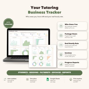 May include: A digital tutoring business tracker displayed on a laptop screen and a separate document. The interface features charts, graphs, and sections for tracking student payments, package hours, hourly rates, invoices, and progress reports.