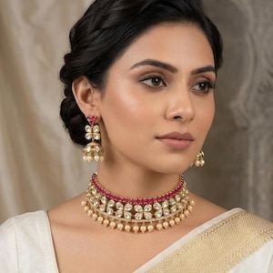 Set di collana girocollo con perle Kundan rosa rubino, set di gioielli da sposa indiani, collana girocollo Polki, gioielli da matrimonio tradizionali, regalo etnico,
