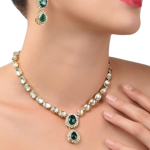 Emerald Green Bridal Necklace Set, Ruby CZ Choker Necklace, Indian Wedding Jewelry, Kundan Style Jewelry, Statement Necklace Gift for Her