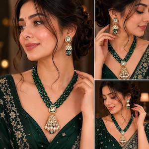 May include: A jewelry set consisting of a double-strand necklace and matching drop earrings. The necklace features dark green oval beads, a central square stone pendant, and a dangling cluster of white pearls and gold-toned metal accents.