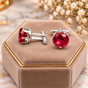 Ruby Red Gemstone Cufflinks for Men, Silver Tone Wedding Cuff Links, Luxury Groom Gift, Formal Shirt Accessories, Anniversary Gifts for Him