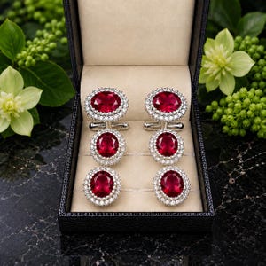 Ruby Cufflinks and Shirts Stud, Mens Wedding Tuxedo Set, Groom Gift, Formal Shirt Accessories, Luxury Cuff Link Set Groomsmen Cufflink