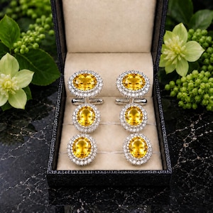 Yellow Sapphire Cufflink & Shirt Stud Set, Silver Tone Formal Wedding Tuxedo Accessories for Men Groom Gift,