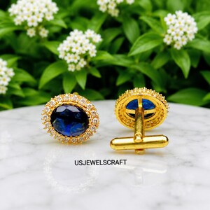 Gemelos de zafiro azul para hombre, gemelos chapados en oro con piedras preciosas, gemelos para novio, accesorios de lujo para camisa formal, regalo de aniversario.