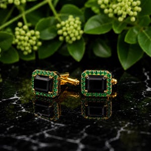 Black Onyx Emerald Cufflinks for Men, Gold Plated Wedding Cuff Links, Green Halo Gemstone, Groom Gift, Luxury Formal Shirt Jewelry