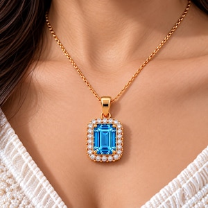 Blue Topaz Necklace 22K Gold Pendant, Emerald Cut Gemstone, Halo CZ Crystal Jewelry, Statement Necklace, Gift for Her, Anniversary Gift's