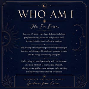May include: Dark blue graphic with the text "WHO AM I" and "Hi, I'm Erica." The image includes a sun and moon illustration, along with text about tarot and oracle readings, offering guidance and insight.